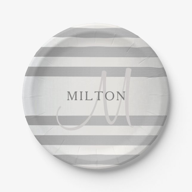 Elegant Monogram Faux Silver Gradient Grey Stripes Paper Plate (Front)