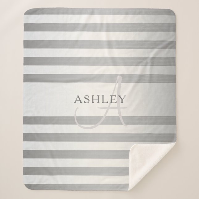 Elegant Monogram Faux Silver Gradient Grey Stripes Sherpa Blanket (Front)