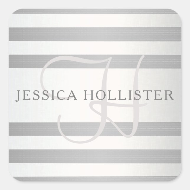 Elegant Monogram Faux Silver Gradient Grey Stripes Square Sticker (Front)