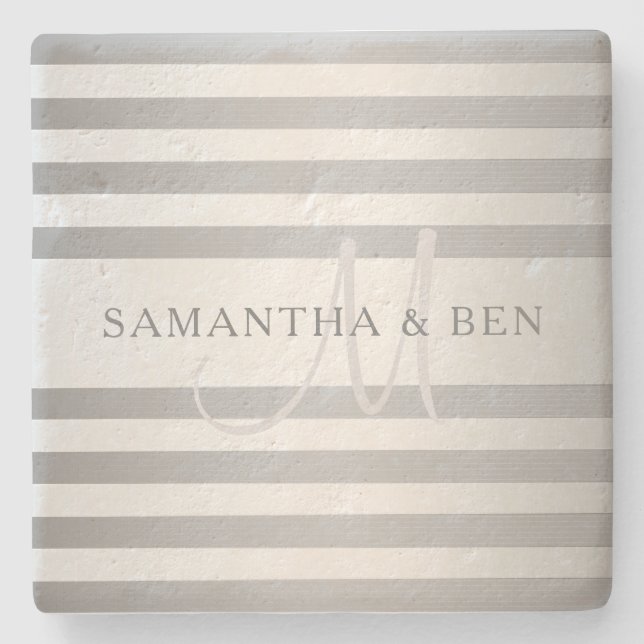 Elegant Monogram Faux Silver Gradient Grey Stripes Stone Coaster (Front)