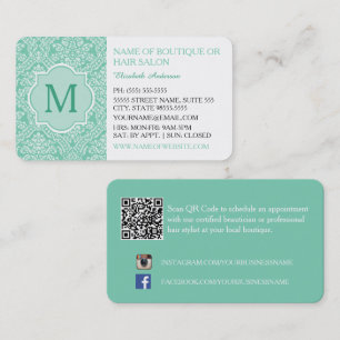 Elegant Monogram Feminine Mint Damask Boutique Business Card