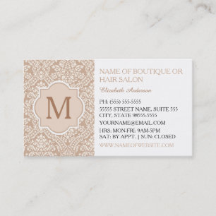 Elegant Monogram Feminine Tan Damask Hair Salon Business Card