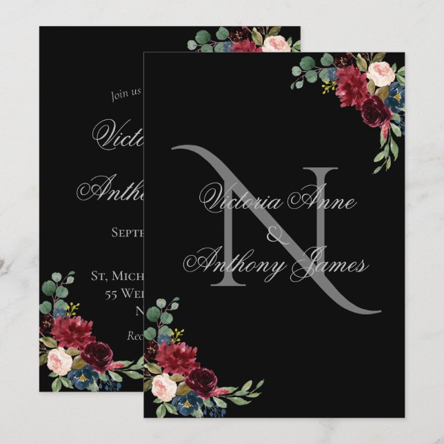 Elegant Monogram Floral Black Wedding Invitation (Front/Back)