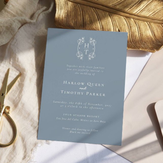 Elegant Monogram Floral Crest Dusty Blue Wedding Invitation (Creator Uploaded)