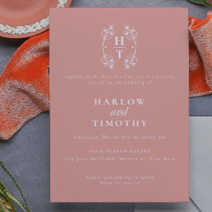 Elegant Monogram Floral Crest gold rose Wedding  Invitation