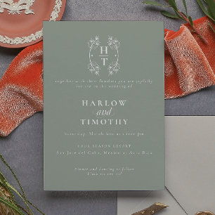 Elegant Monogram Floral Crest Sage Green Wedding Invitation