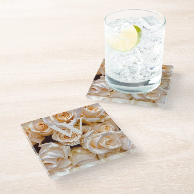 Elegant Monogram Floral Glass Coaster (Angled)