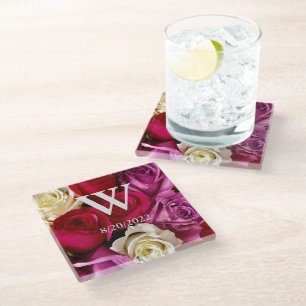Elegant Monogram Floral Glass Coaster