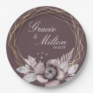 Elegant Monogram Floral Mauve Gold Wedding  Paper Plate