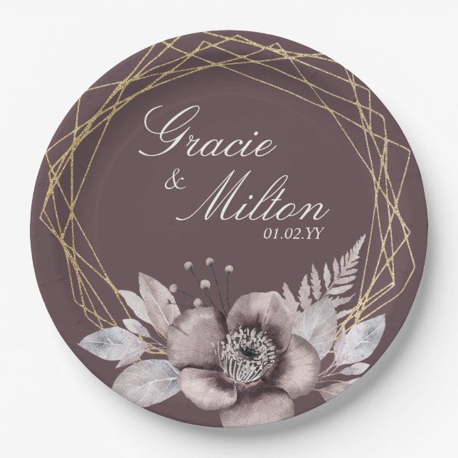Elegant Monogram Floral Mauve Gold Wedding  Paper Plate (Front)