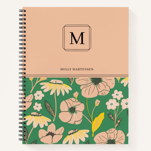 Elegant Monogram Floral Pattern Personalised Name Notebook (Front)