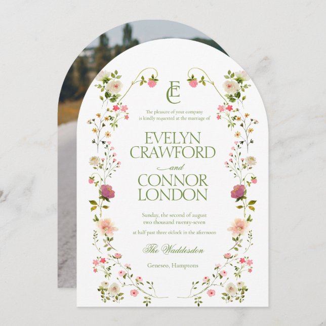 Elegant Monogram Floral Photo Arch Wedding Invitation (Front/Back)