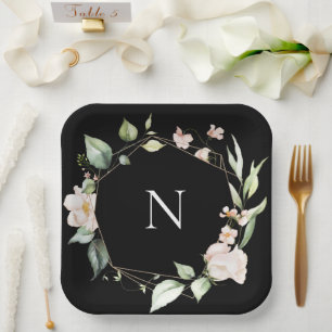 Elegant Monogram Floral Pink Black Wedding Plates