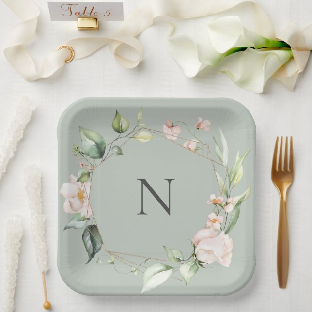 Elegant Monogram Floral Pink Sage Wedding Plates (Wedding)