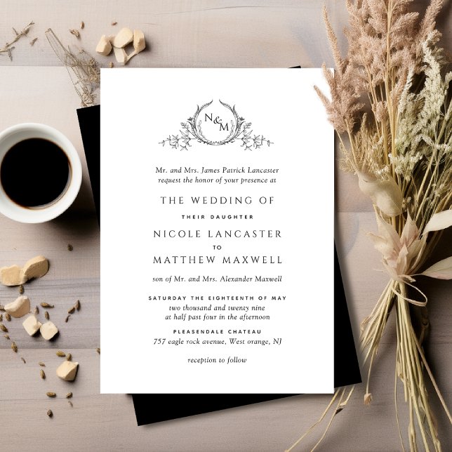 Elegant Monogram Formal Black and White Wedding Invitation (Creator Uploaded)