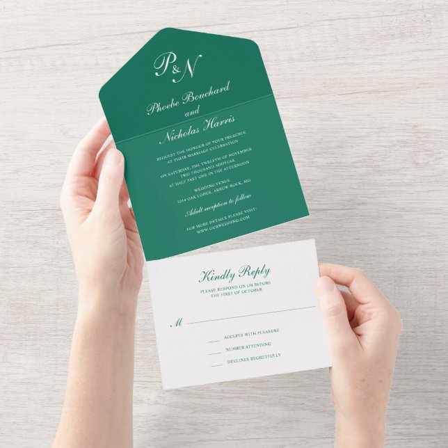 Elegant Monogram Formal Emerald Green Wedding All In One Invitation (Tearaway)