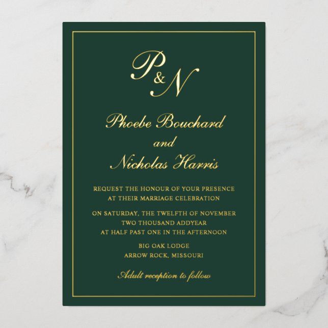Elegant Monogram Formal Forest Green Wedding Gold (Front)