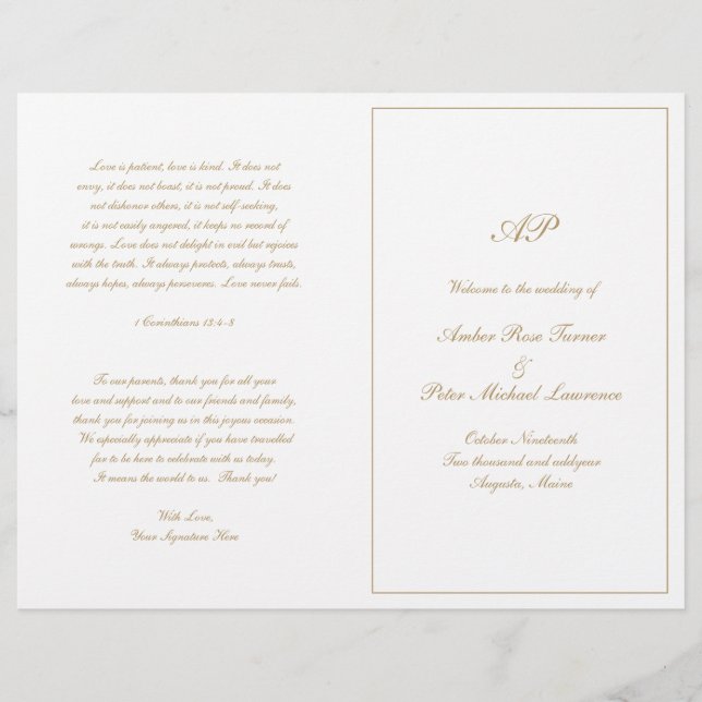 Elegant Monogram Formal Gold Wedding Program (Front)