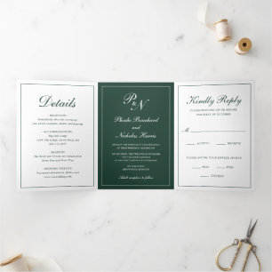 Elegant Monogram Formal Photo Forest Green Wedding Tri-Fold Invitation