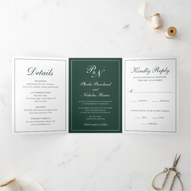 Elegant Monogram Formal Photo Forest Green Wedding Tri-Fold Invitation (Inside)
