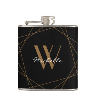 Elegant Monogram Geometric Pattern Black Gold Name Hip Flask
