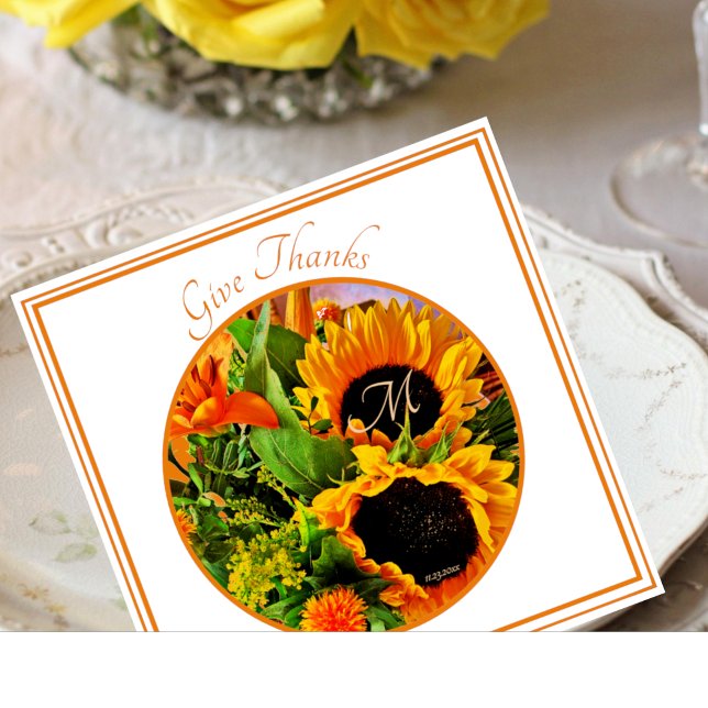 Elegant Monogram 'Give Thanks' Sunflower Bouquet Napkin (Creator Uploaded)