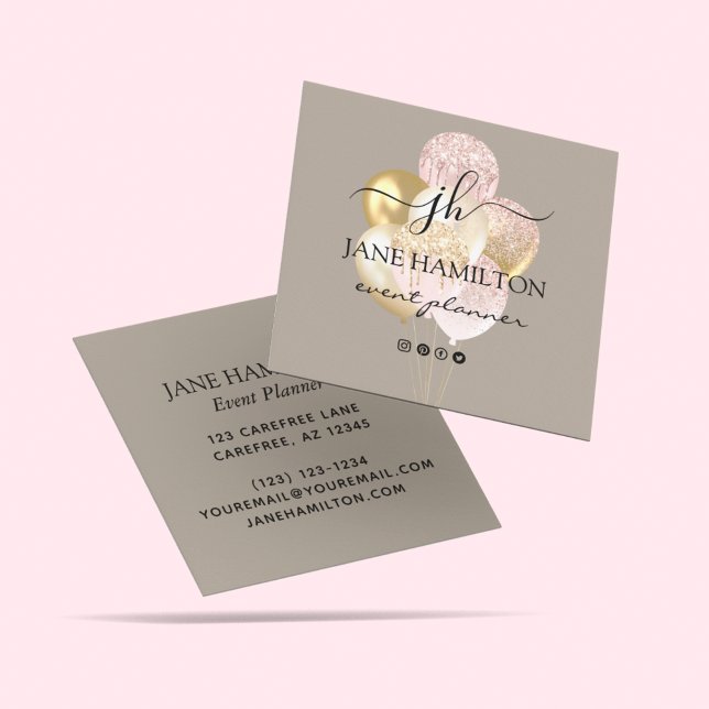 Elegant Monogram Glitter Balloons Square Business Card (Creator Uploaded)