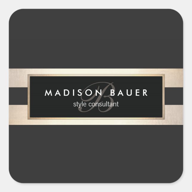 Elegant Monogram Gold and Black Striped Square Sticker (Front)