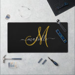 Elegant Monogram Gold Black Desk Mat<br><div class="desc">Personalised monogrammed gold script initial and white script name on a black background. A minimalist trending typographic style.</div>