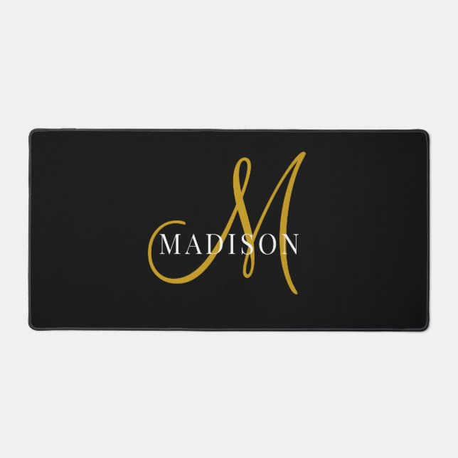 Elegant Monogram Gold Black Desk Mat (Front)