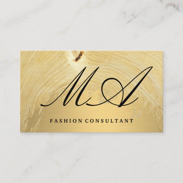 Elegant Monogram | Gold Brushed | Wood Grain Business Card (Front)