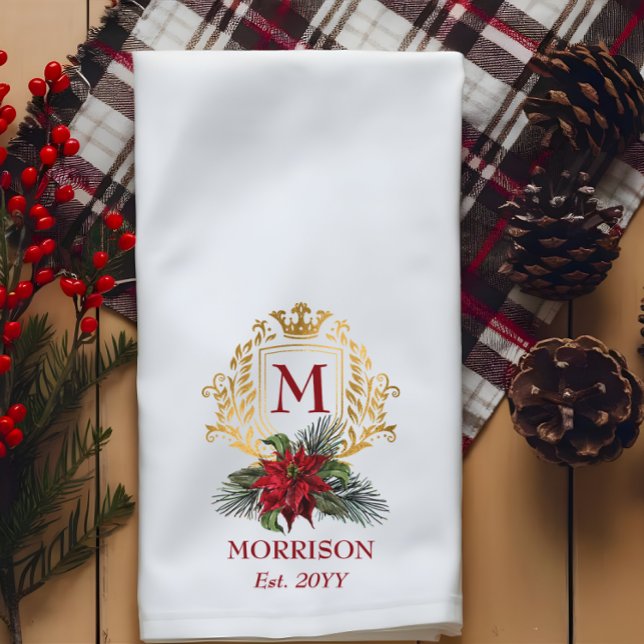 Elegant Monogram Gold Crest Poinsettia Christmas Tea Towel (Elegant Monogram Gold-Tone Crest Poinsettia Christmas Kitchen Towel)