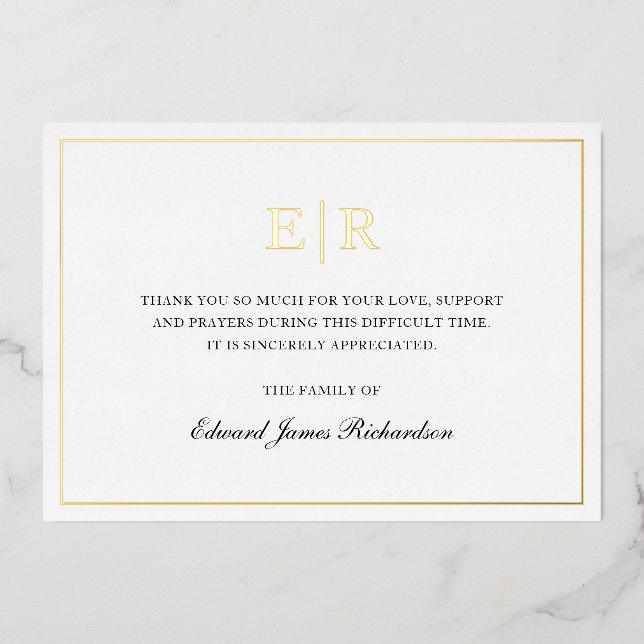 Elegant Monogram Gold Foil Funeral Thank You Card (Front)