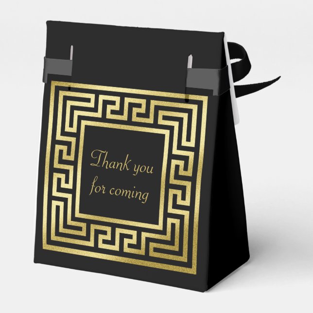 Elegant Monogram Gold Glitter Greek Key Black Favour Box (Back Side)