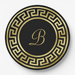 Elegant Monogram Gold Glitter Greek Key Black Paper Plate