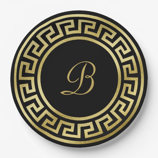 Elegant Monogram Gold Glitter Greek Key Black Paper Plate (Front)