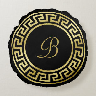 Elegant Monogram Gold Glitter Greek Key Black Round Cushion