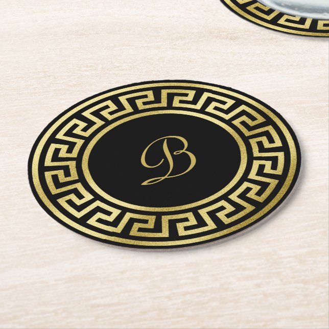 Elegant Monogram Gold Glitter Greek Key Black Round Paper Coaster (Angled)