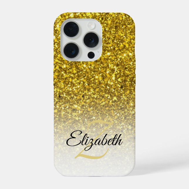 Elegant Monogram Gold Glitter Ombre First Name iPhone Case (Back)