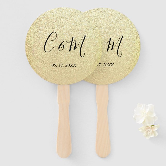 Elegant Monogram Gold Glitter Wedding Hand Fan (Front and Back)