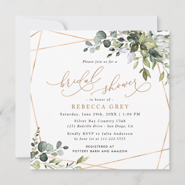 Elegant Monogram Gold Greenery Bridal Shower Invitation (Front)