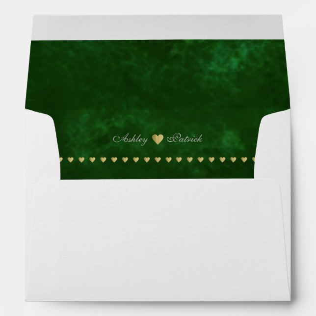 elegant monogram + gold hearts, wedding green envelopes (Back (Bottom))