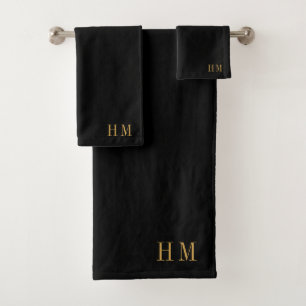 Elegant Monogram Gold Name Black Bath Towel Set