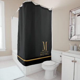 Elegant Monogram Gold Name Black Shower Curtain
