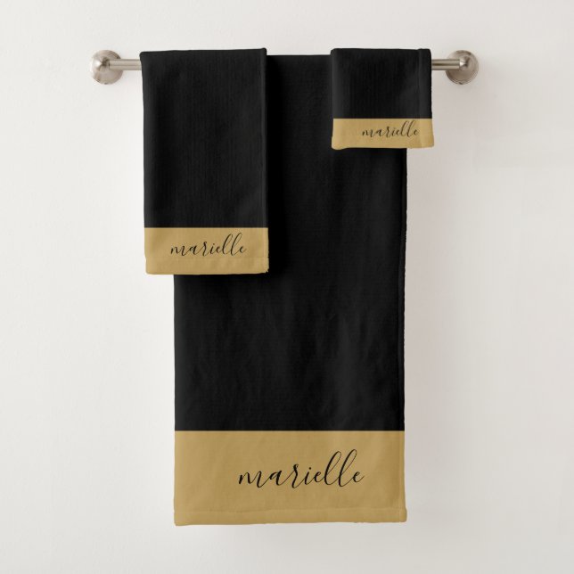 Elegant Monogram Gold Script Black Bath Towel Set (Insitu)