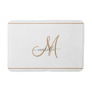 Elegant Monogram Gold Script Name White  Bath Mat