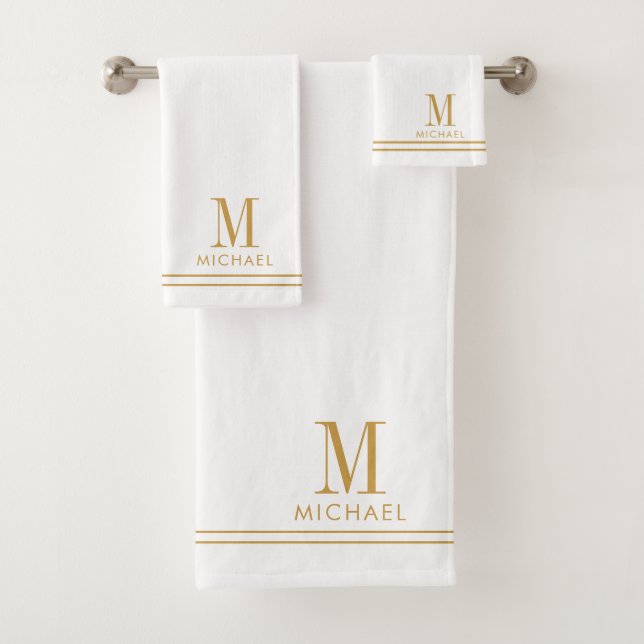 Elegant Monogram Gold Script Name White Bath Towel Set (Insitu)