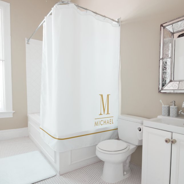 Elegant Monogram Gold Script Name White Shower Curtain (In Situ)
