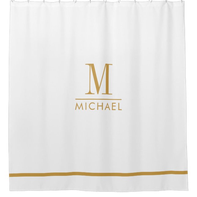 Elegant Monogram Gold Script Name White Shower Curtain (Front)