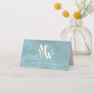 Elegant Monogram Gold Sea Glass Teal White Wedding Place Card